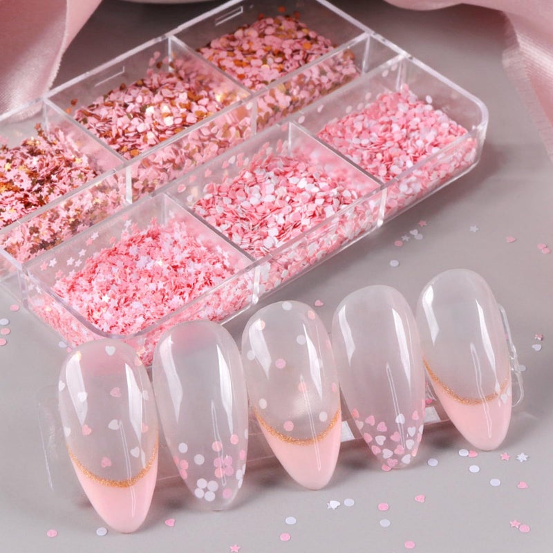 UCCASA Valentine's Day Glitter Heart Nail Sequins Winter Cute Love Star Nail Flakes Design Nail Charms Holographic Gold Pink White 3D Heart Star Glitter Sequins for Women - Image 3